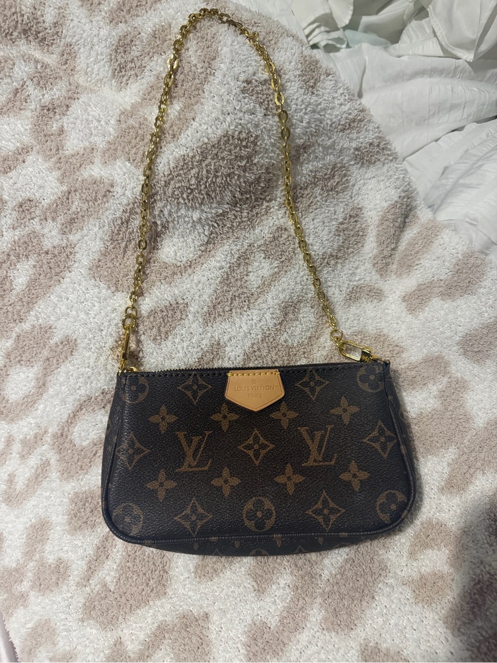 Louis Vuitton Brown Monogram Wristlet with Gold Chain Strap